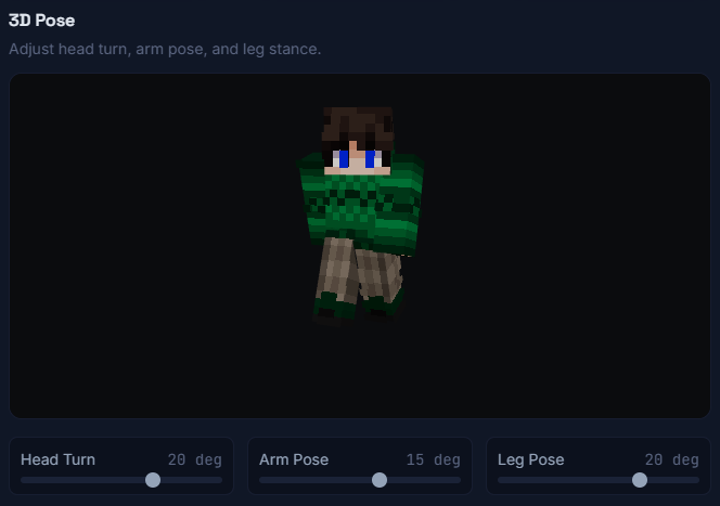 PvPIndex Skins 3D pose viewer showing custom head, arm, and leg pose controls