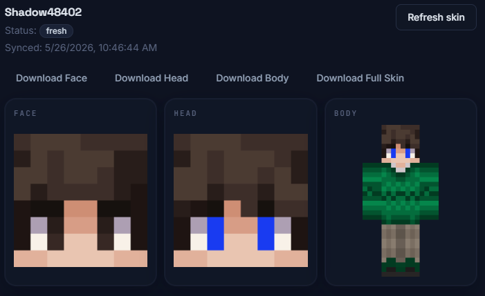 PvPIndex Skins showing download buttons for face, head, body, and full skin parts